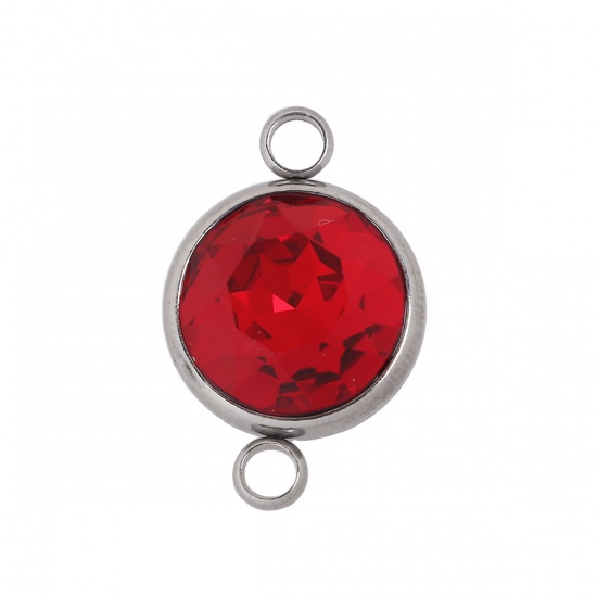 Picture of 304 Stainless Steel January Birthstone Connectors Round Silver Tone Faceted Red Glass Rhinestone 22mm( 7/8") x 14mm( 4/8"), 1 Piece