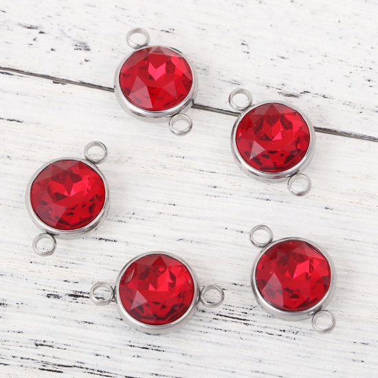 Picture of 304 Stainless Steel January Birthstone Connectors Round Silver Tone Faceted Red Glass Rhinestone 22mm( 7/8") x 14mm( 4/8"), 1 Piece