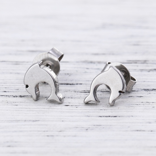 Picture of 304 Stainless Steel Ear Post Stud Earrings Silver Tone Dolphin Animal 7mm( 2/8") x 7mm( 2/8"), Post/ Wire Size: (21 gauge), 1 Pair