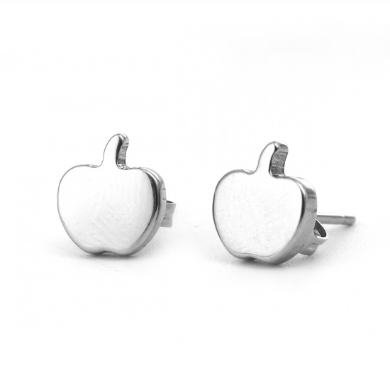 Picture of 304 Stainless Steel Ear Post Stud Earrings Silver Tone Apple Fruit 8mm( 3/8") x 7mm( 2/8"), Post/ Wire Size: (21 gauge), 1 Pair