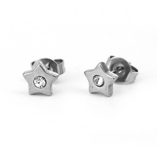 Picture of 304 Stainless Steel Ear Post Stud Earrings Silver Tone Pentagram Star Clear Rhinestone 6mm( 2/8") x 6mm( 2/8"), Post/ Wire Size: (21 gauge), 1 Pair