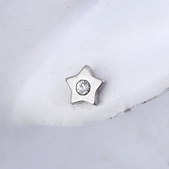 Picture of 304 Stainless Steel Ear Post Stud Earrings Silver Tone Pentagram Star Clear Rhinestone 6mm( 2/8") x 6mm( 2/8"), Post/ Wire Size: (21 gauge), 1 Pair