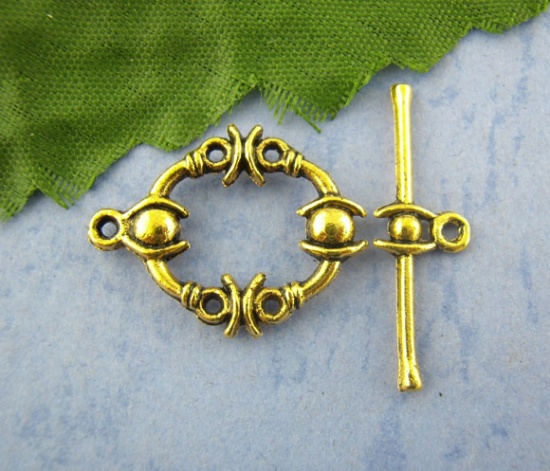 Picture of Zinc Based Alloy Toggle Clasps Oval Gold Tone Antique Gold 25mm x 8mm 21mm x 17mm, 25 Sets