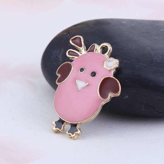 Picture of Zinc Based Alloy Fairy Tale Collection Charms Chicken Gold Plated Pink Enamel 23mm( 7/8") x 18mm( 6/8"), 5 PCs