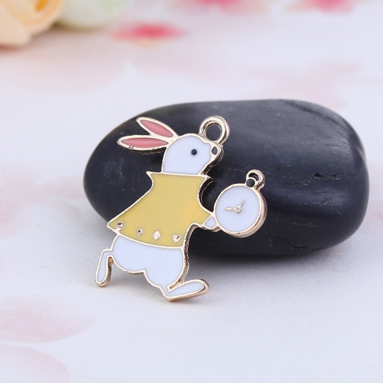 Picture of Zinc Based Alloy Fairy Tale Collection Charms Wonderland Rabbit Animal Gold Plated White & Yellow Clock Enamel 27mm(1 1/8") x 25mm(1"), 10 PCs