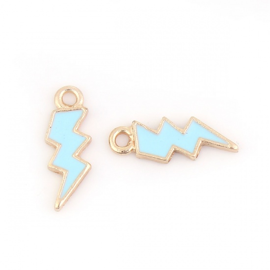 Picture of Zinc Based Alloy Weather Collection Charms Lightning Gold Plated Green Blue Enamel 21mm( 7/8") x 8mm( 3/8"), 20 PCs