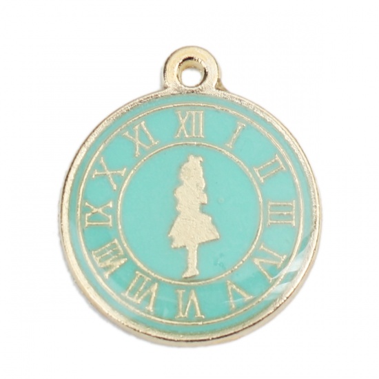 Picture of Zinc Based Alloy Fairy Tale Collection Charms Clock Gold Plated Green Blue Wonderland Girl Enamel 23mm( 7/8") x 20mm( 6/8"), 10 PCs