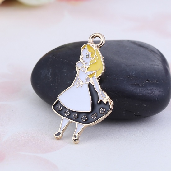 Picture of Zinc Based Alloy Fairy Tale Collection Pendants Wonderland Girl Gold Plated White Enamel 32mm(1 2/8") x 18mm( 6/8"), 5 PCs