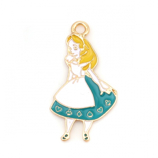 Picture of Zinc Based Alloy Fairy Tale Collection Pendants Wonderland Girl Gold Plated Green Blue Enamel 33mm(1 2/8") x 18mm( 6/8"), 5 PCs