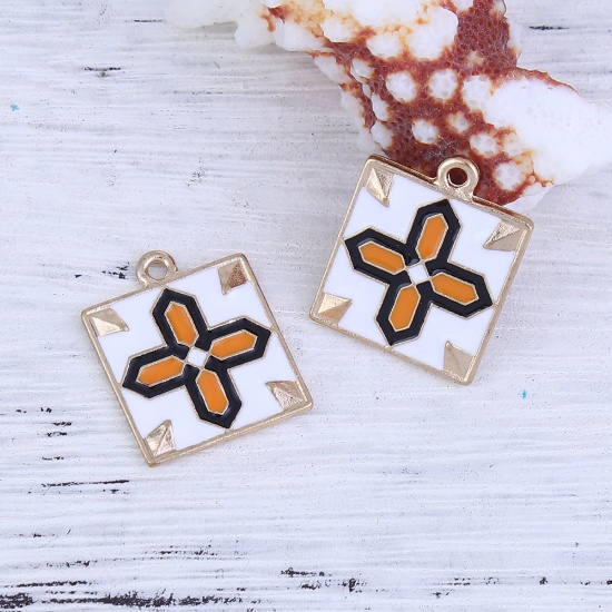 Picture of Zinc Based Alloy Charms Square Gold Plated Multicolor Cross Enamel Embroidery Effect 24mm(1") x 20mm( 6/8"), 5 PCs