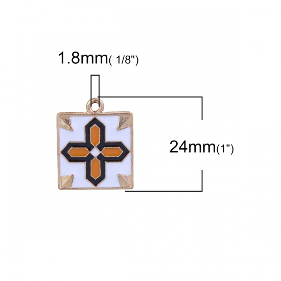 Picture of Zinc Based Alloy Charms Square Gold Plated Multicolor Cross Enamel Embroidery Effect 24mm(1") x 20mm( 6/8"), 5 PCs
