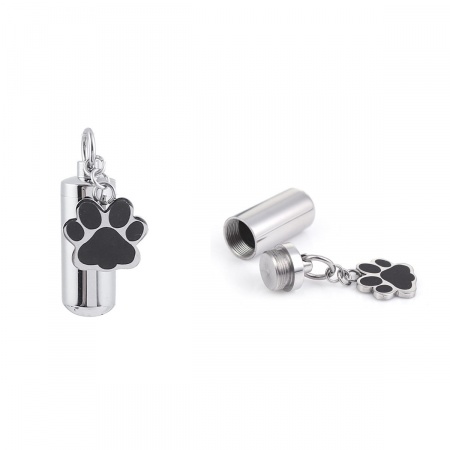 304 Titanium Steel Cremation Ash Urn Pendants Cylinder Silver Tone Black Bear Paw Print Enamel 33mm(1 2/8") x 10mm( 3/8"), 1 Piece”