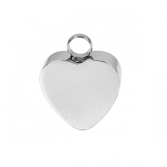 Picture of 1 Piece 304 Stainless Steel Cremation Ash Urn Blank Stamping Tags Charms Heart Word Message Silver Tone Black Double-sided Polishing 26mm x 20mm
