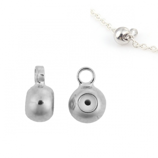 Bild von Messing Verstellbar Slider Verschluss-Perlen Rund Silberfarbe Mit Verstellbarem Silikonkern Loch: 1.1mm, 6mm x 4mm, 20 Stück                                                                                                                                  
