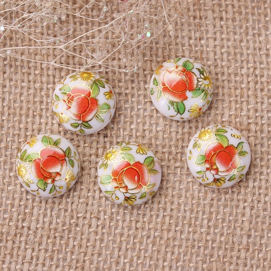 Picture of Resin Japan Painting Vintage Japanese Tensha Dome Seals Cabochon Round White Rose Flower Pattern 18mm( 6/8") Dia, 10 PCs