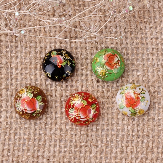 Picture of Resin Japan Painting Vintage Japanese Tensha Dome Seals Cabochon Round At Random Rose Flower Pattern 12mm( 4/8") Dia, 10 PCs