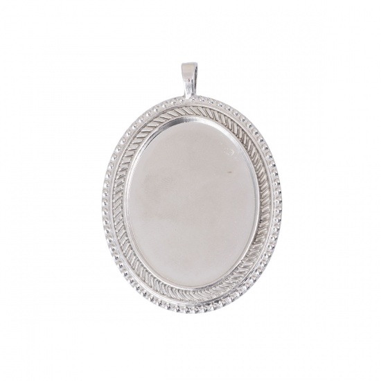 Picture of Zinc Based Alloy Pendants Oval Silver Tone Cabochon Settings (Fits 38mmx29mm) 60mm x 42mm, 3 PCs