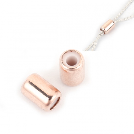 Picture of Brass Slider Clasp Beads Cylinder Rose Gold With Adjustable Silicone Core 6mm( 2/8") x 4mm( 1/8"), Hole: 2mm, 30 PCs                                                                                                                                          