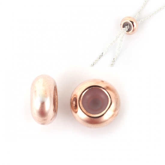 Picture of Brass Slider Clasp Beads Round Rose Gold With Adjustable Silicone Core 8mm( 3/8") x 4mm( 1/8"), Hole: 2.3mm, 10 PCs                                                                                                                                           