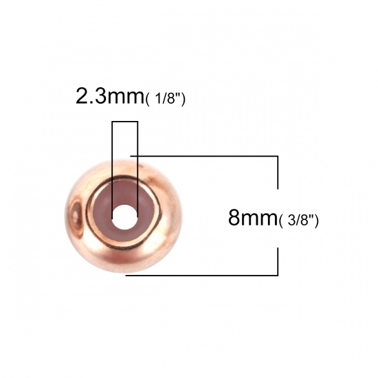Picture of Copper Slider Clasp Beads Round Rose Gold With Adjustable Silicone Core 8mm( 3/8") x 4mm( 1/8"), Hole: 2.3mm, 10 PCs