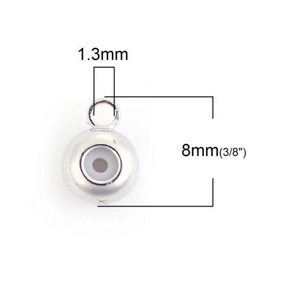 Picture of Brass Slider Clasp Beads Round Silver Tone With Adjustable Silicone Core W/ Loop 8mm( 3/8") x 6mm( 2/8"), Hole: 1.3mm, 10 PCs                                                                                                                                 