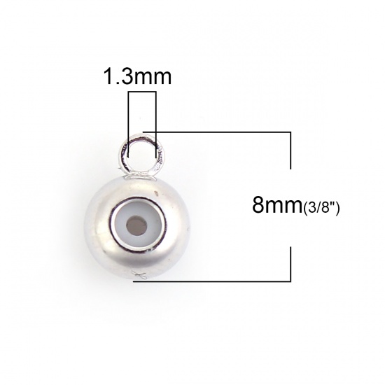 Picture of Brass Slider Clasp Beads Round Silver Plated With Adjustable Silicone Core W/ Loop 8mm( 3/8") x 6mm( 2/8"), Hole: 1.3mm, 10 PCs                                                                                                                               