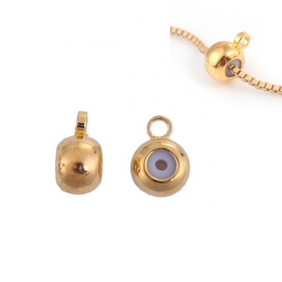 Picture of Brass Slider Clasp Beads Round Gold Plated With Adjustable Silicone Core W/ Loop 8mm( 3/8") x 6mm( 2/8"), Hole: 1.3mm, 10 PCs                                                                                                                                 