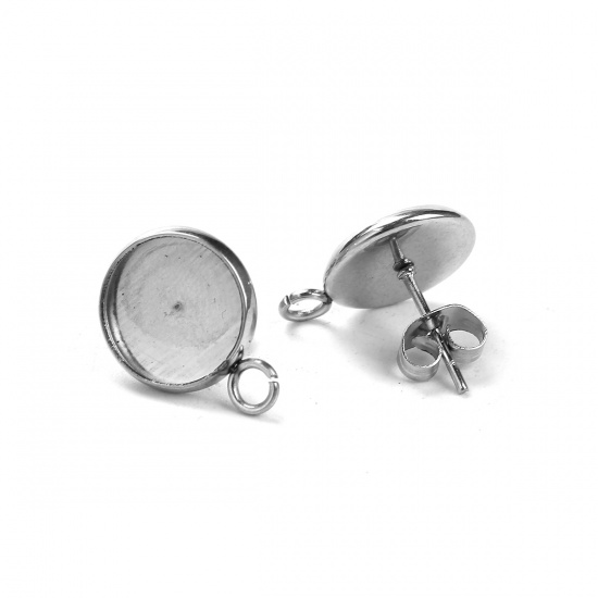 Picture of 304 Stainless Steel Ear Post Stud Earrings Round Silver Tone Cabochon Settings (Fits 10mm Dia.) W/ Loop 16mm( 5/8") x 12mm( 4/8"), Post/ Wire Size: (21 gauge), 20 PCs”