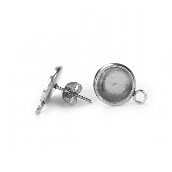 Picture of 304 Stainless Steel Ear Post Stud Earrings Round Silver Tone Cabochon Settings (Fits 10mm Dia.) W/ Loop 16mm( 5/8") x 12mm( 4/8"), Post/ Wire Size: (21 gauge), 20 PCs”