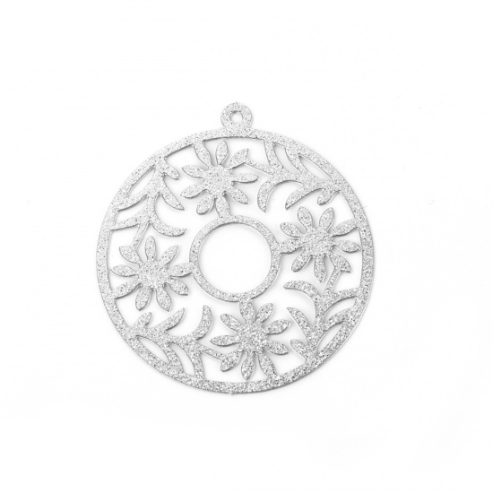 Picture of 304 Stainless Steel Pendants Round Silver Tone Filigree Glitter 34mm(1 3/8") x 31mm(1 2/8"), 5 PCs