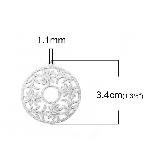 Picture of 304 Stainless Steel Pendants Round Silver Tone Filigree Glitter 34mm(1 3/8") x 31mm(1 2/8"), 5 PCs