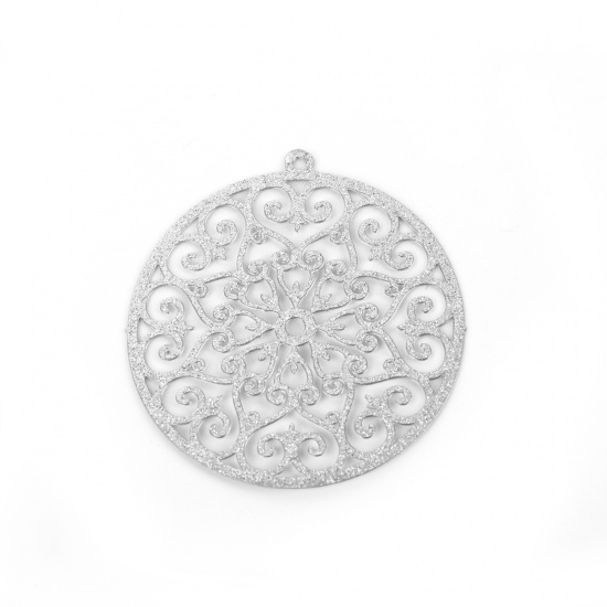 Picture of 304 Stainless Steel Pendants Round Silver Tone Filigree Glitter 38mm(1 4/8") x 35mm(1 3/8"), 5 PCs