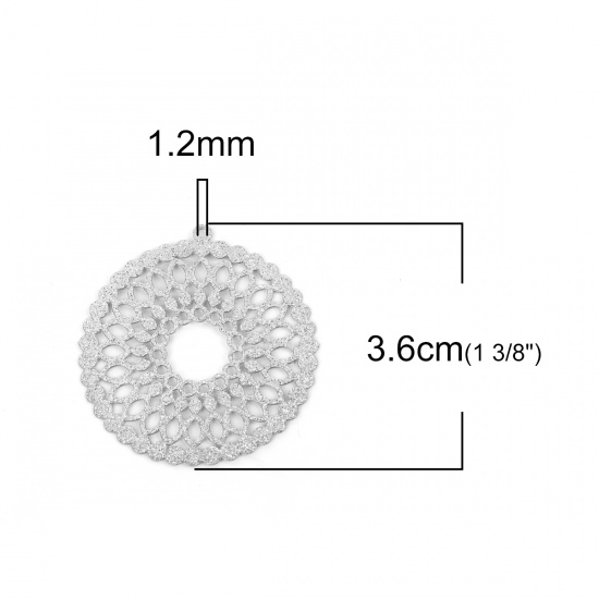Picture of 304 Stainless Steel Pendants Circle Ring Silver Tone Filigree Glitter 36mm(1 3/8") x 35mm(1 3/8"), 5 PCs