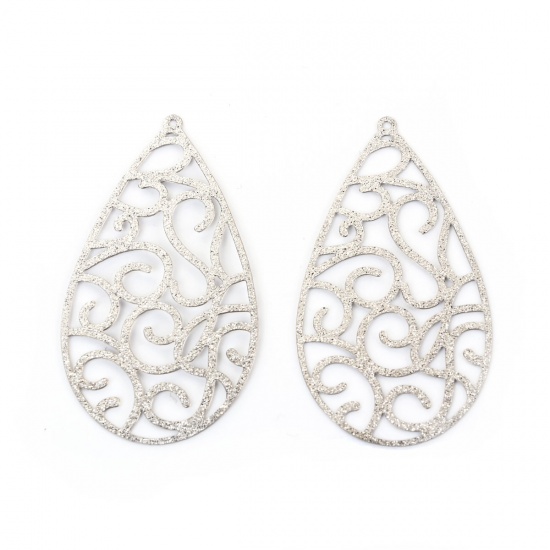 Picture of 304 Stainless Steel Pendants Drop Silver Tone Filigree Glitter 43mm(1 6/8") x 24mm(1"), 5 PCs