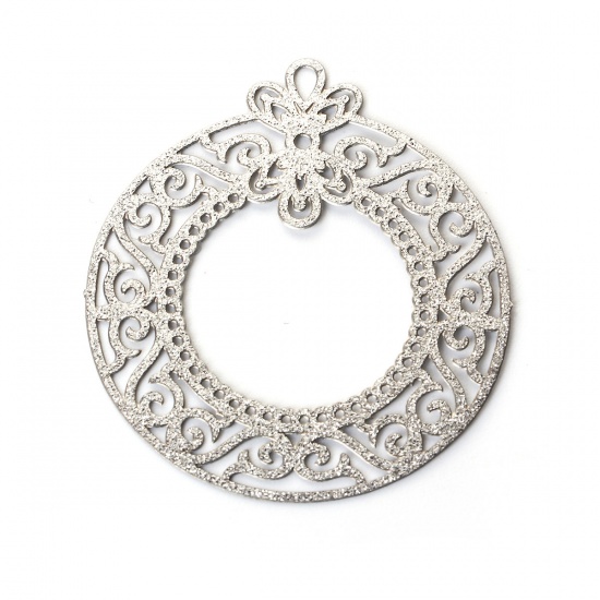 Picture of 304 Stainless Steel Pendants Christmas Wreath Silver Tone Filigree Glitter 36mm(1 3/8") x 32mm(1 2/8"), 5 PCs