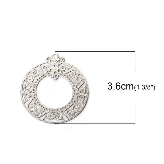 Picture of 304 Stainless Steel Pendants Christmas Wreath Silver Tone Filigree Glitter 36mm(1 3/8") x 32mm(1 2/8"), 5 PCs