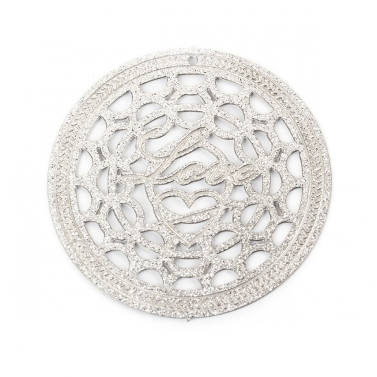 Picture of 304 Stainless Steel Pendants Round Silver Tone Filigree Glitter 36mm(1 3/8") Dia., 5 PCs