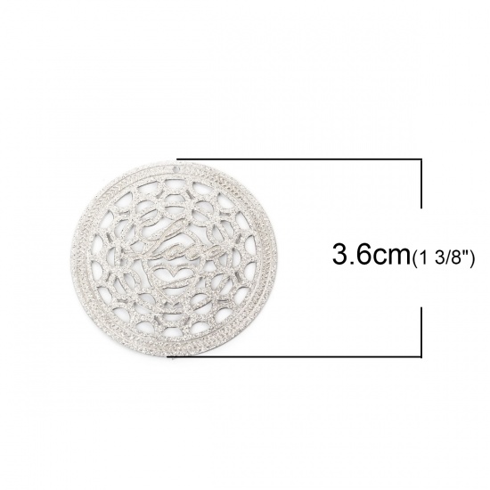 Picture of 304 Stainless Steel Pendants Round Silver Tone Filigree Glitter 36mm(1 3/8") Dia., 5 PCs