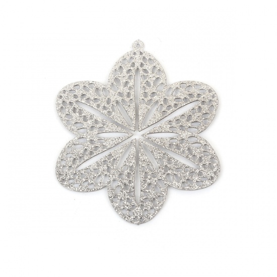 Picture of 304 Stainless Steel Pendants Flower Silver Tone Filigree Glitter 35mm(1 3/8") x 29mm(1 1/8"), 5 PCs