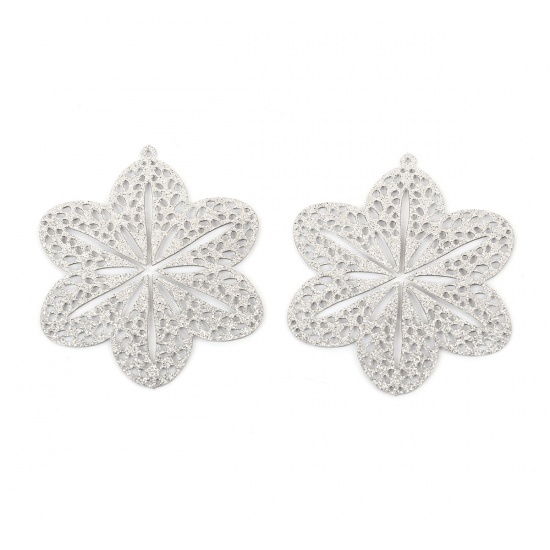 Picture of 304 Stainless Steel Pendants Flower Silver Tone Filigree Glitter 35mm(1 3/8") x 29mm(1 1/8"), 5 PCs