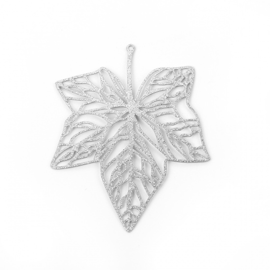 Picture of 304 Stainless Steel Pendants Maple Leaf Silver Tone Filigree Glitter 51mm(2") x 41mm(1 5/8"), 5 PCs