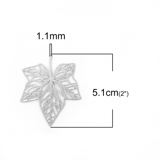 Picture of 304 Stainless Steel Pendants Maple Leaf Silver Tone Filigree Glitter 51mm(2") x 41mm(1 5/8"), 5 PCs