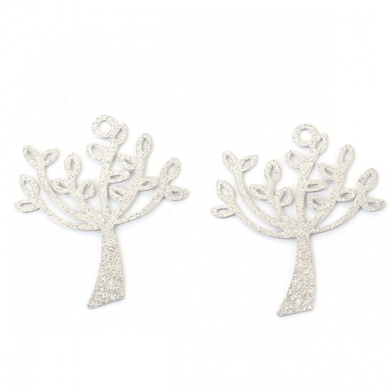 Picture of 304 Stainless Steel Pendants Tree Silver Tone Filigree Glitter 35mm(1 3/8") x 29mm(1 1/8"), 5 PCs
