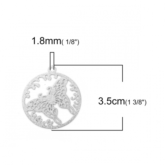 Picture of 304 Stainless Steel Filigree Stamping Pendants Round Silver Tone Butterfly Glitter 35mm(1 3/8") x 31mm(1 2/8"), 5 PCs