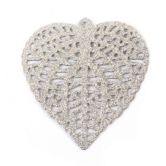 Picture of 304 Stainless Steel Pendants Heart Silver Tone Filigree Glitter 33mm(1 2/8") x 31mm(1 2/8"), 5 PCs
