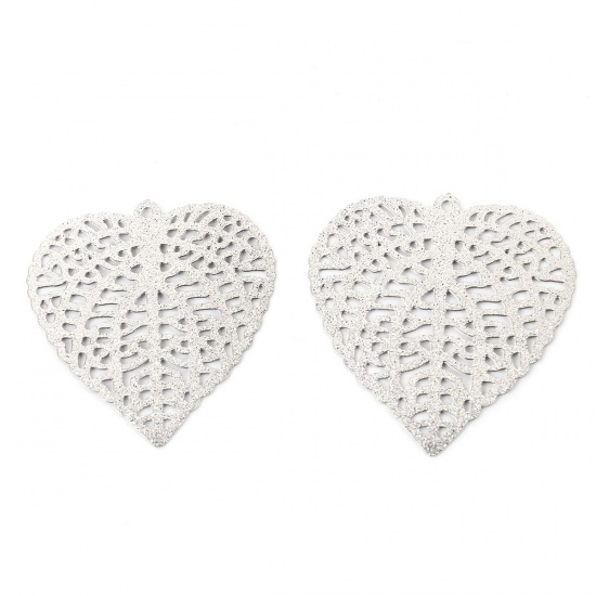 Picture of 304 Stainless Steel Pendants Heart Silver Tone Filigree Glitter 33mm(1 2/8") x 31mm(1 2/8"), 5 PCs