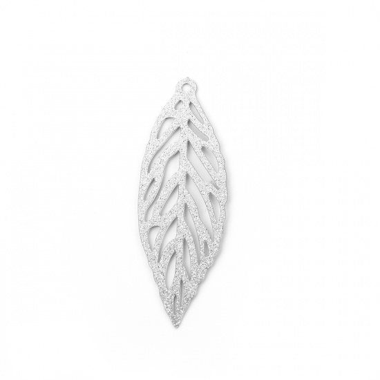 Picture of 304 Stainless Steel Pendants Leaf Silver Tone Filigree Glitter 46mm(1 6/8") x 16mm( 5/8"), 5 PCs