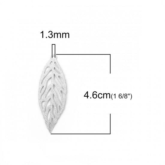 Picture of 304 Stainless Steel Pendants Leaf Silver Tone Filigree Glitter 46mm(1 6/8") x 16mm( 5/8"), 5 PCs