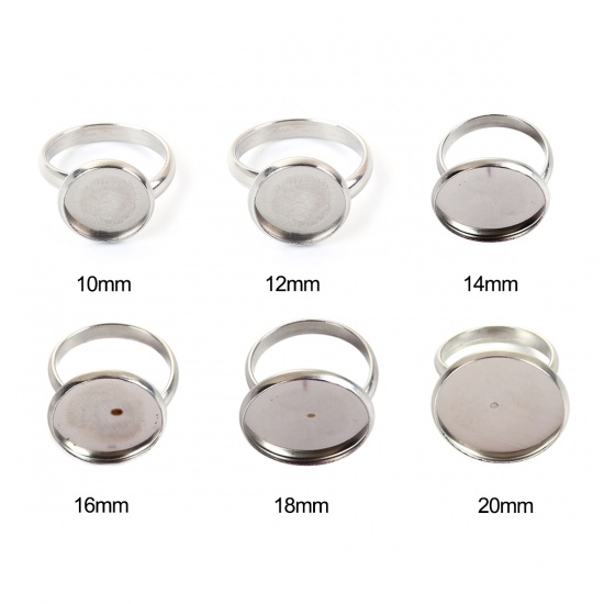 Picture of 304 Stainless Steel Adjustable Rings Round Silver Tone Cabochon Settings (Fits 12mm Dia.) 17.5mm( 6/8")(US size 7), 1 Piece