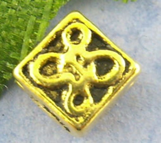 Picture of Zinc Based Alloy Spacer Beads Rhombus Gold Tone Antique Gold Knot Carved About 5mm x 5mm, Hole:Approx 1.2mm, 120 PCs